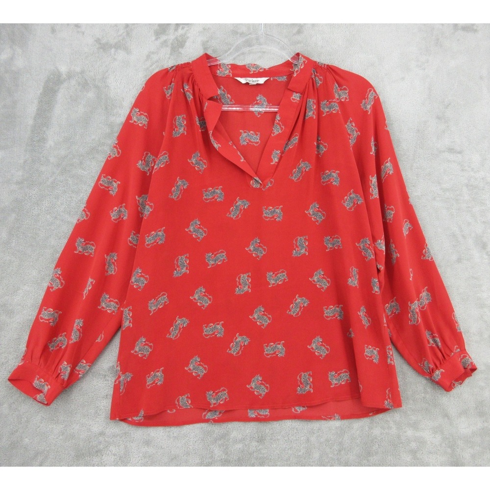 Tucker Blouse Womens Size M Red Tiger Silk V Neck Art to Wear Career Classic